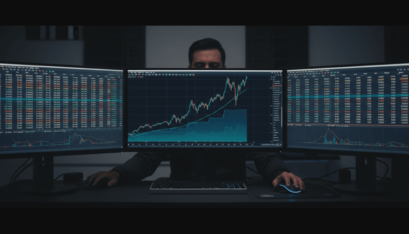 Professional trader monitoring real-time market charts on multiple screens
