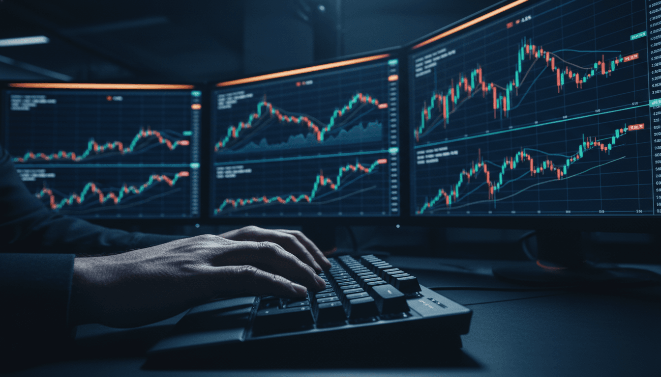 Financial trader monitoring live market charts and data on computer screens