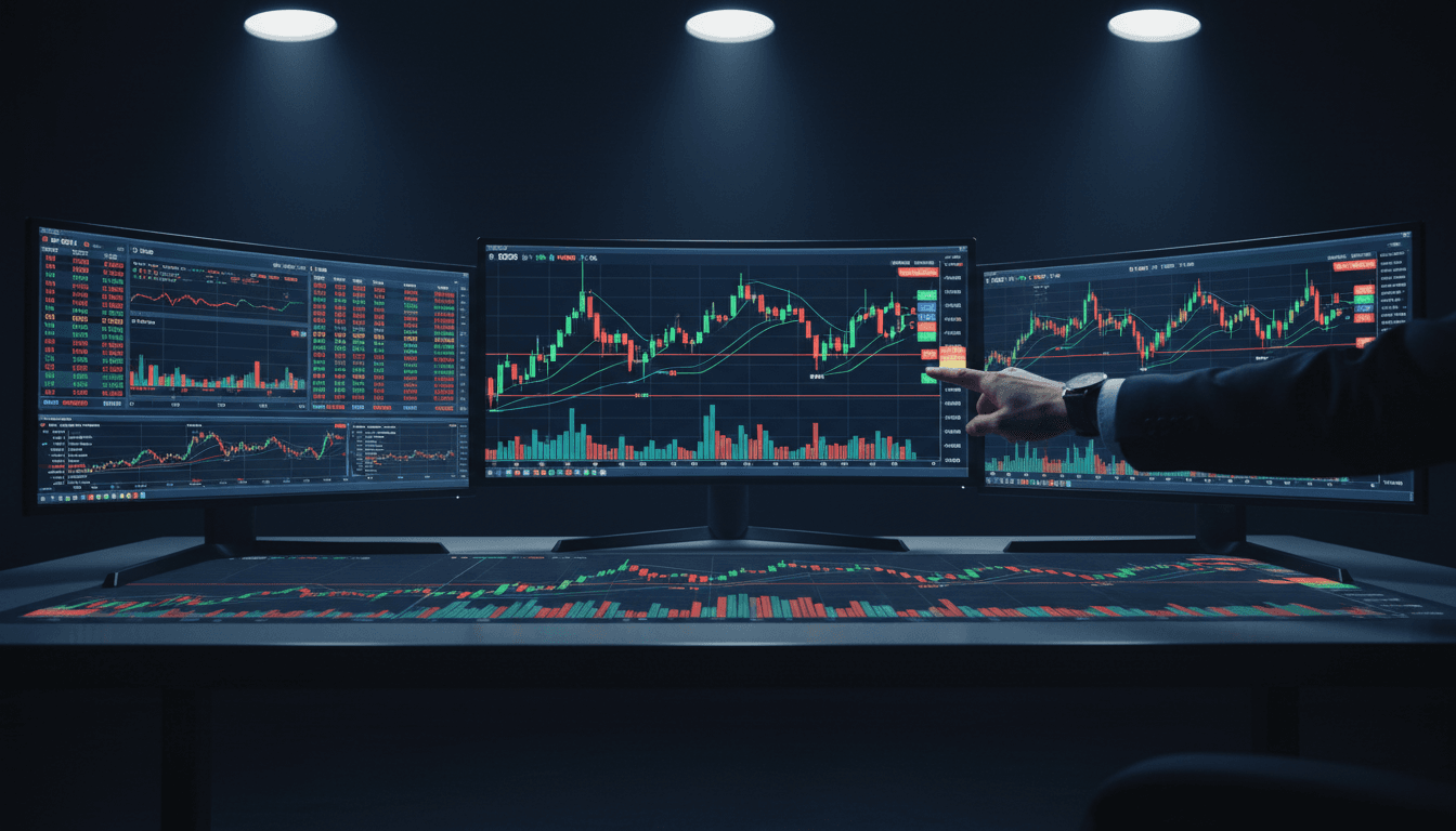 Professional trader analyzing live market charts on multiple monitors showing US30 and NASDAQ data