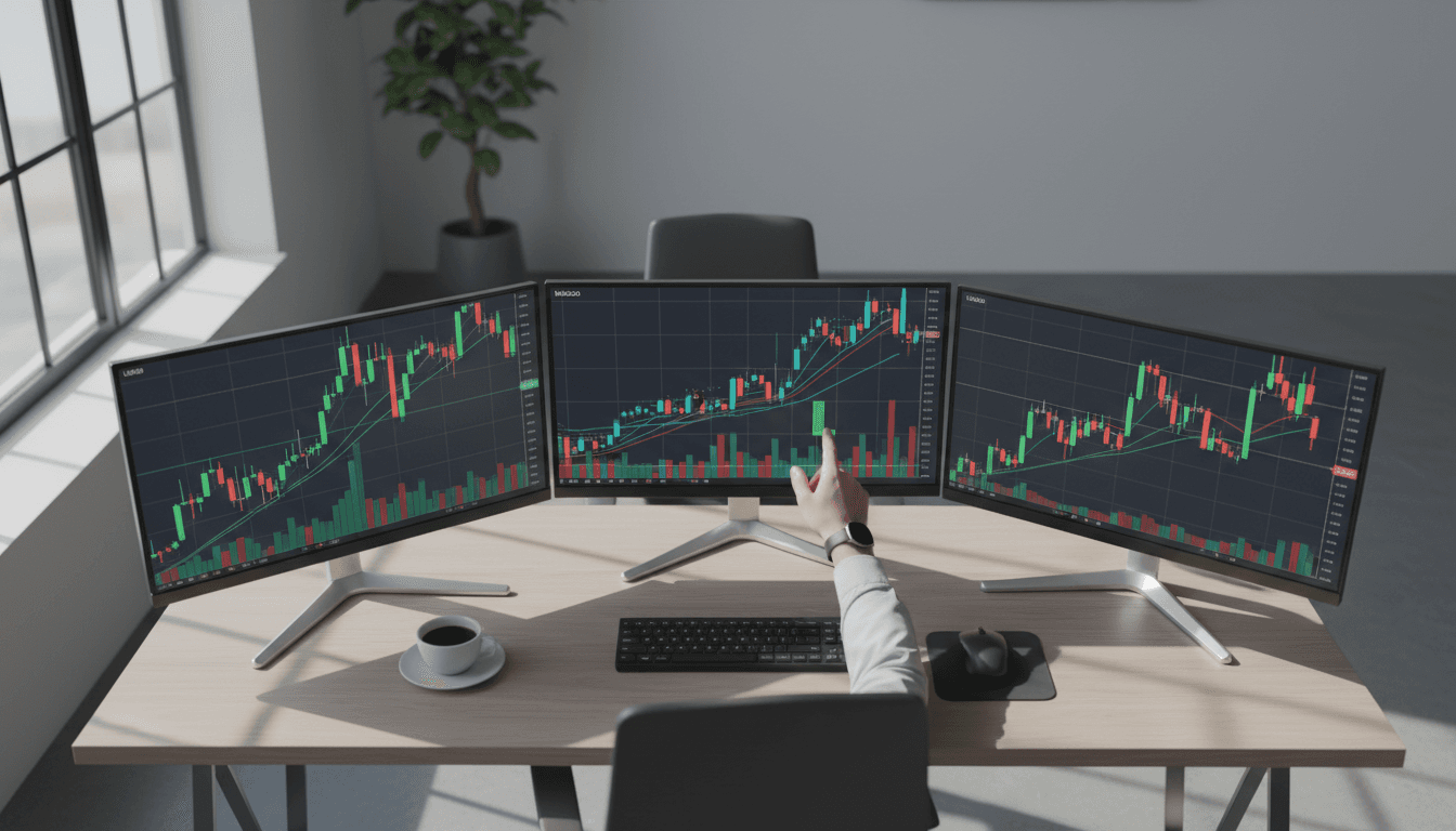 Trading desk with financial charts and real-time market data