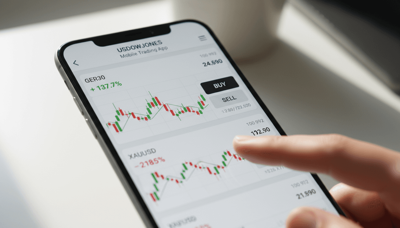 Close-up of USDOWJONES mobile app showing live trading instruments and market data for gold and GER30