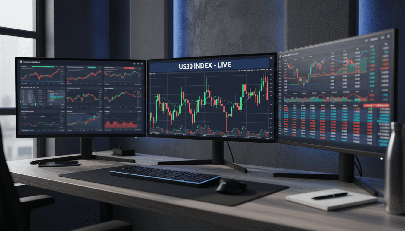 Professional trader monitoring live US30 and NASDAQ charts on multiple monitors