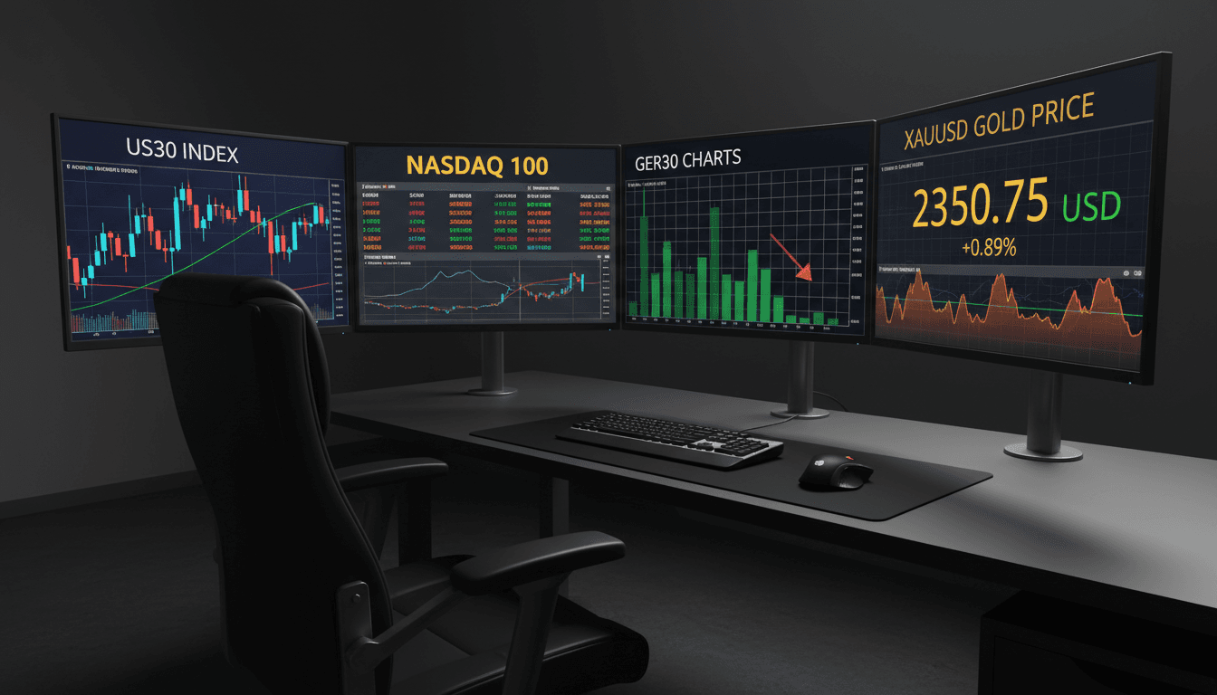 Multiple trading instruments displayed across computer screens