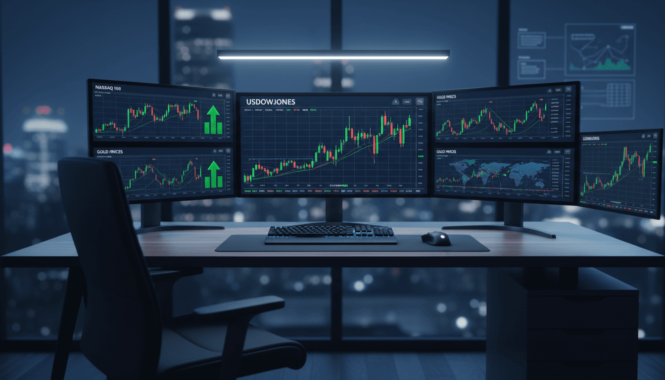 Trader monitoring live market charts on multiple monitors displaying US30, NASDAQ 100, and gold trading data