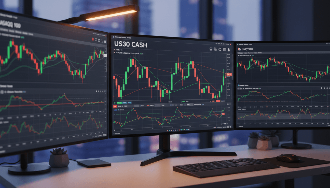 Live market charts on multiple monitors showing US30 trading data