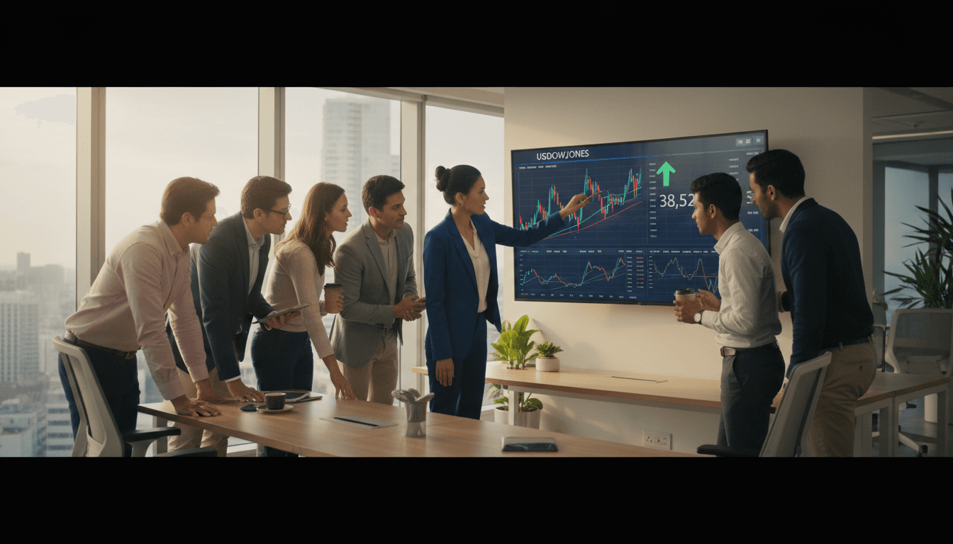 Team of traders collaborating on market analysis using USDOWJONES platform
