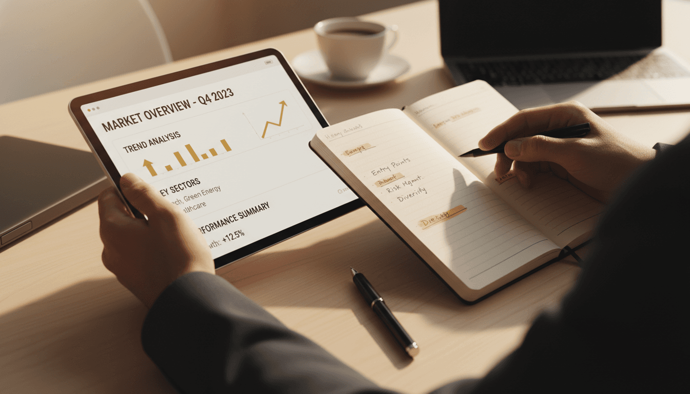 Trader reviewing market insights and analysis reports